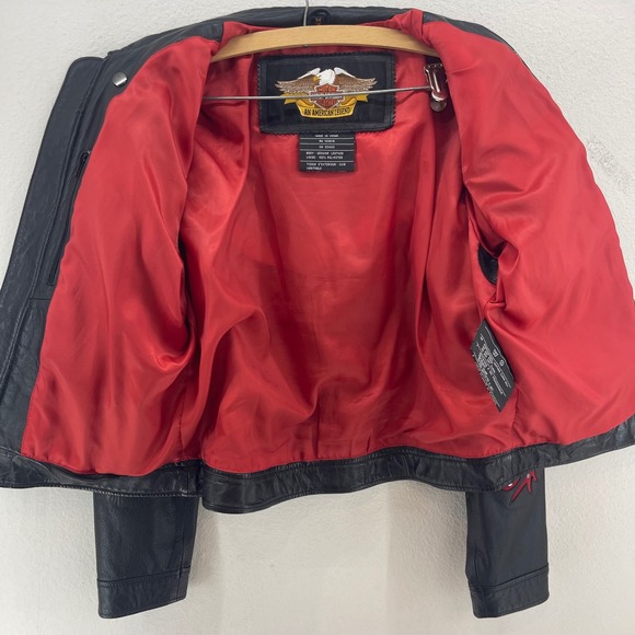 HARLEY DAVIDSON Women Black LEATHER Flaming Sleeve JACKET Stud MEDIUM Biker Babe - Picture 10 of 16